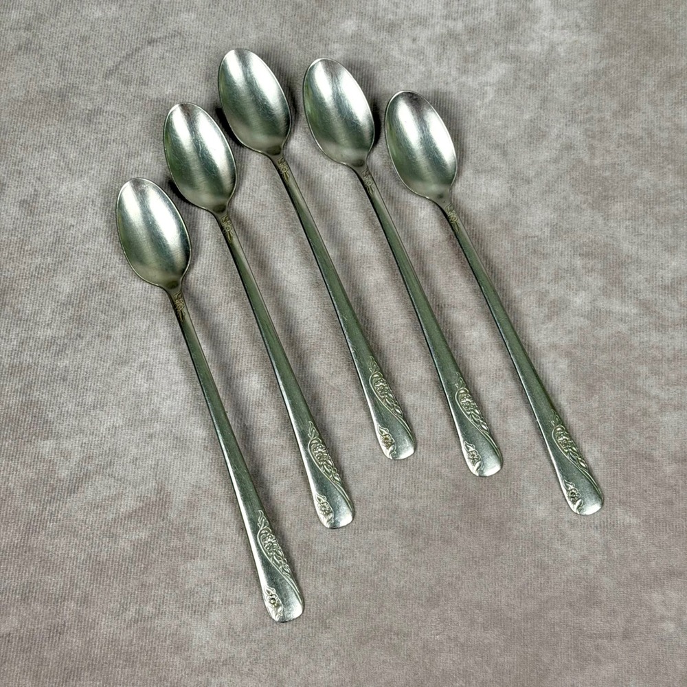 Everbrite Stainless USA Iced Tea Spoons Vintage Floral Cottage Scroll Set of 5